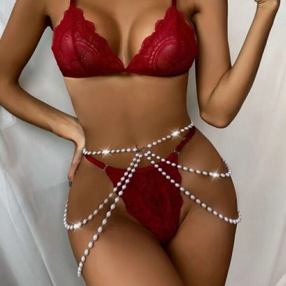 FLORAL Lace Triangle Lingerie 3 Piece - Picture 2 of 4